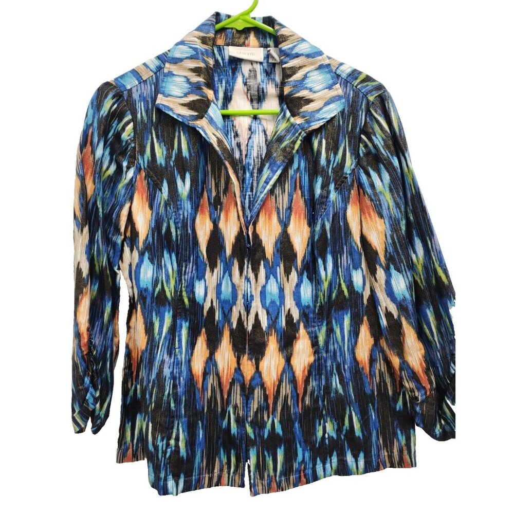 Chicos Womens Blazer Jacket Medium Wearable Art Printed‎ Metallic Linen Blend